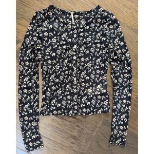 Free People Black Floral Mesh Long Sleeve Button Down Top Sheer Cardigan Small